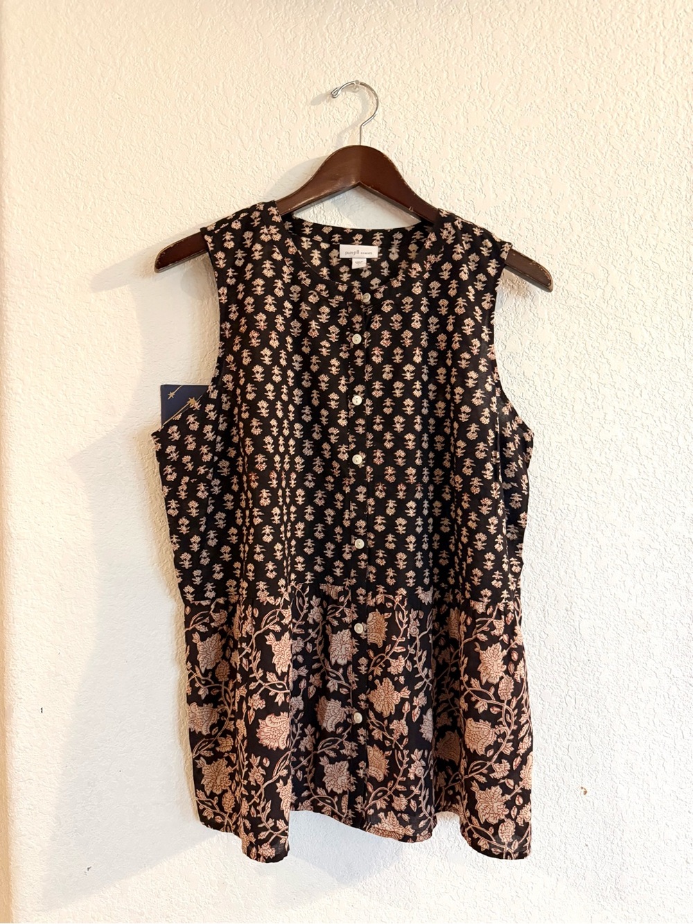J Jill Womens Shirt Blouse Black Floral Print Sleeveless Button Up Size Large